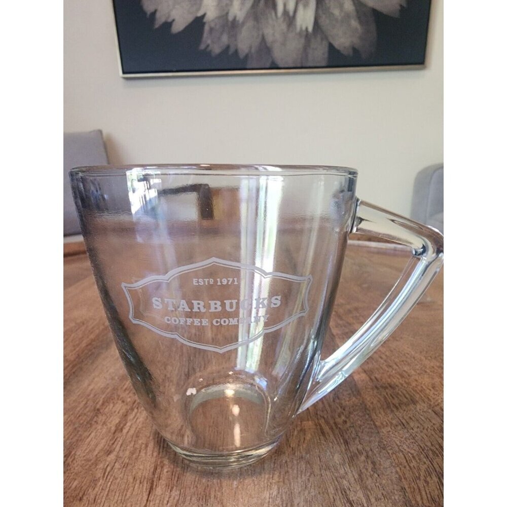 Starbucks Est. 1971 Etched Glass Anchor Handle Coffee Cup Tea Mug | 12oz